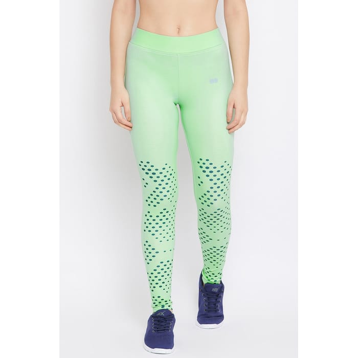 Clovia Snug Fit High-Rise Active Ankle-Length Printed Tights in Mint Green - AB0054P11, Light green